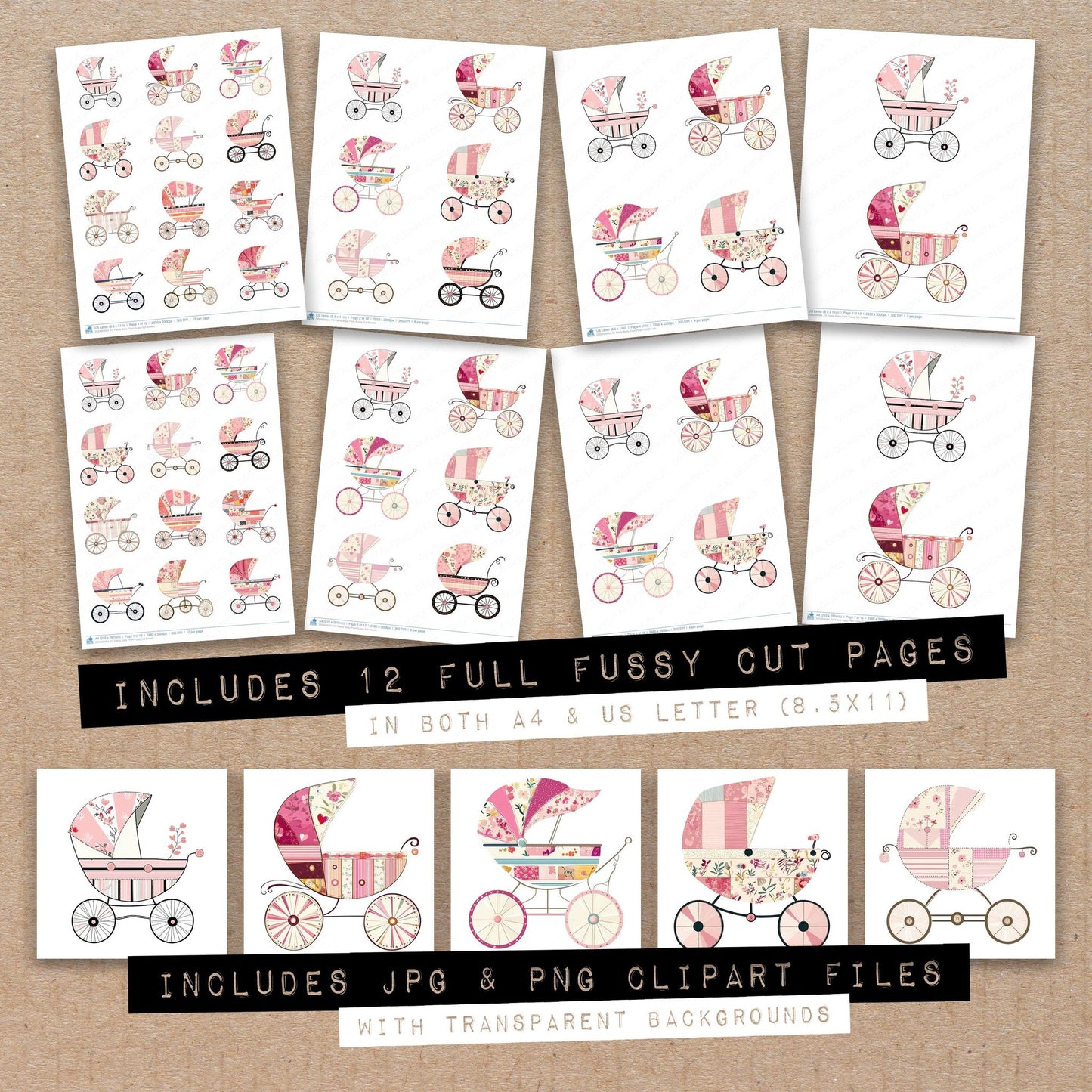 Full collection view of Fabric Baby Pram fussy cut sheets with bonus clipart JPG and PNG files