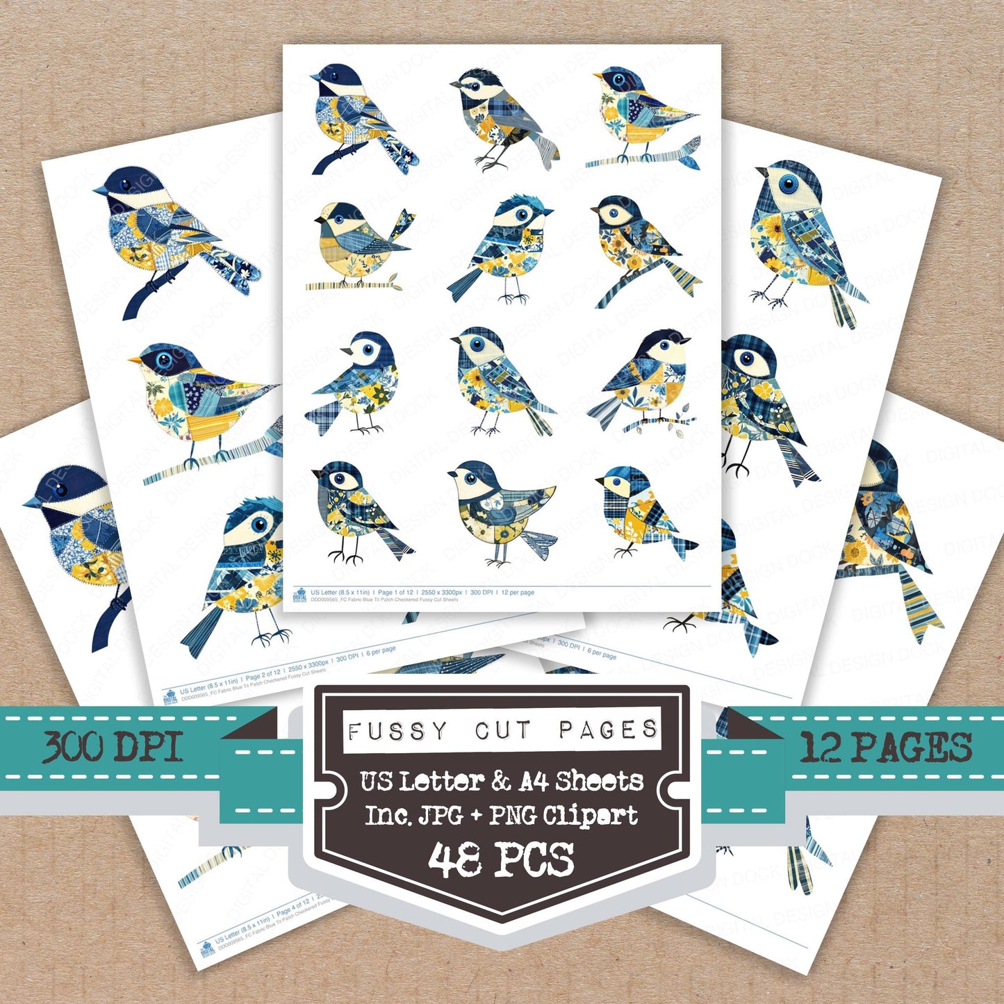Fabric Blue Tit Patch Checkered fussy cut printable sheets for junk journaling, scrapbooking, and paper craft projects
