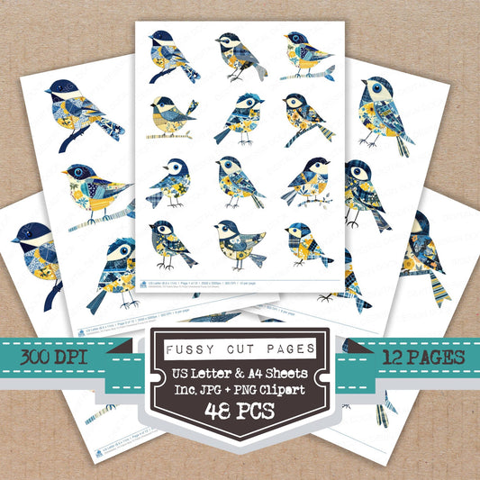 Fabric Blue Tit Patch Checkered fussy cut printable sheets for junk journaling, scrapbooking, and paper craft projects