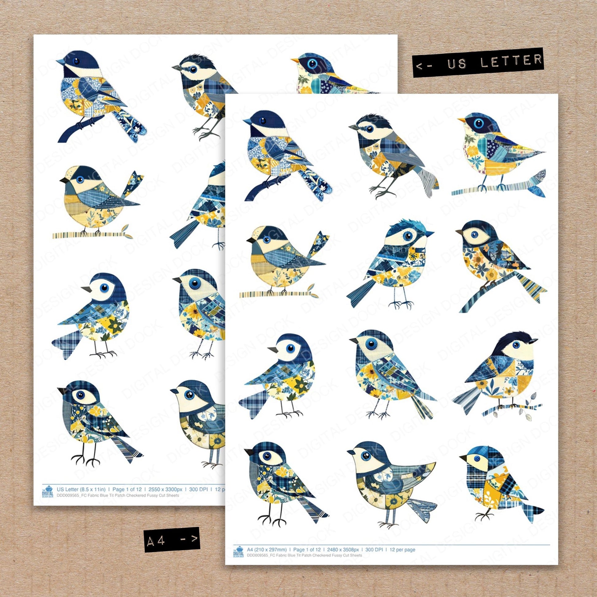 A4 and US Letter format comparison showing Fabric Blue Tit Patch Checkered fussy cut pages for print and cut crafting