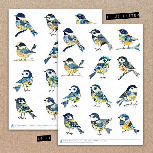 A4 and US Letter format comparison showing Fabric Blue Tit Patch Checkered fussy cut pages for print and cut crafting