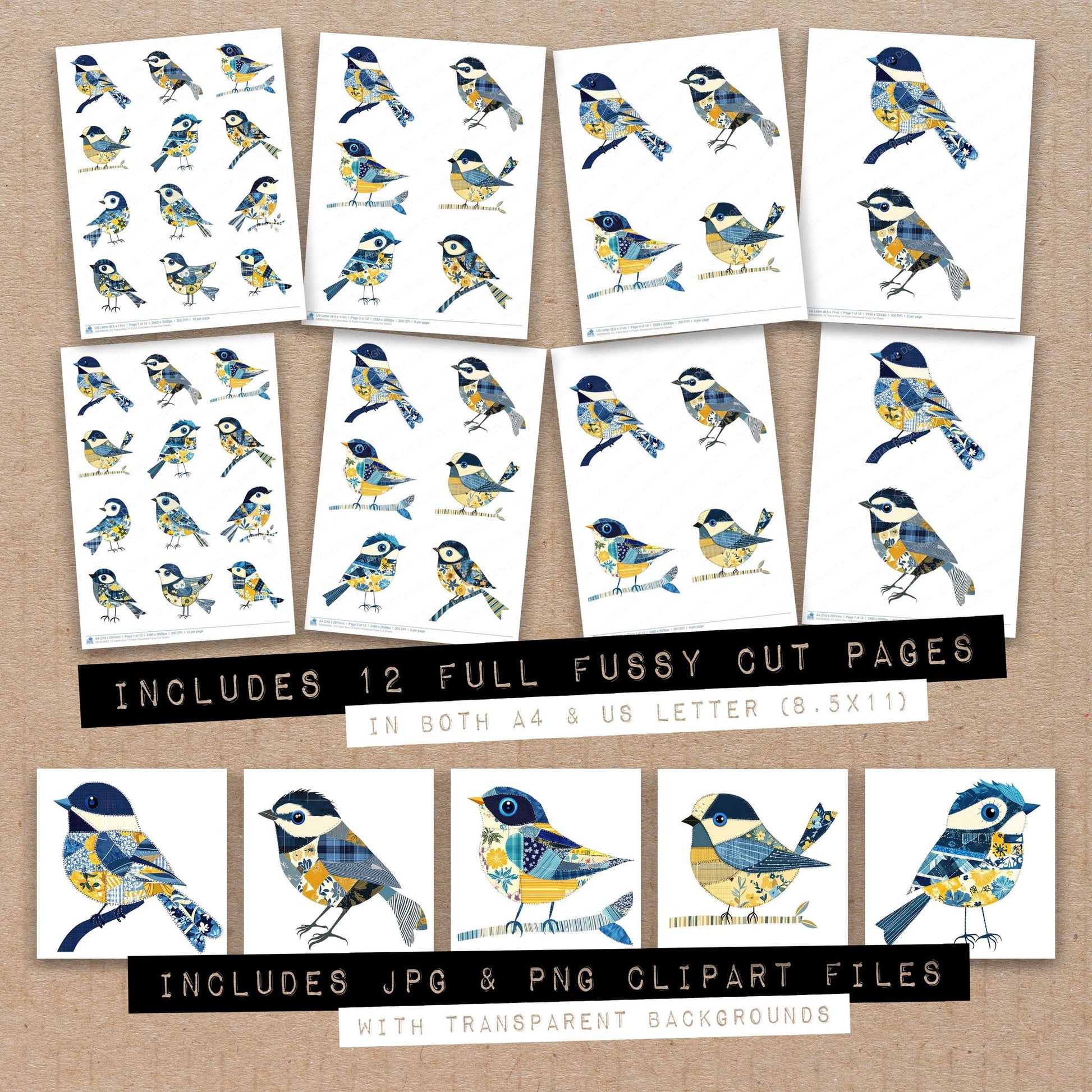 Full collection view of Fabric Blue Tit Patch Checkered fussy cut sheets with bonus clipart JPG and PNG files