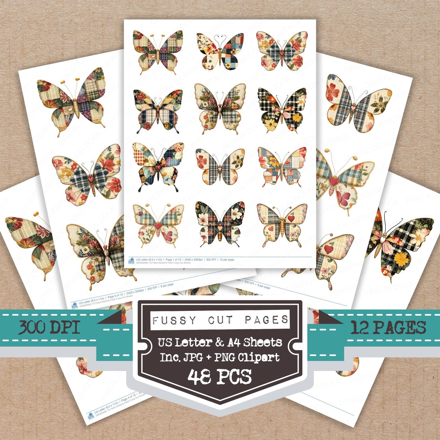 Fabric Butterfly Patch fussy cut printable sheets for junk journaling, scrapbooking, and paper craft projects