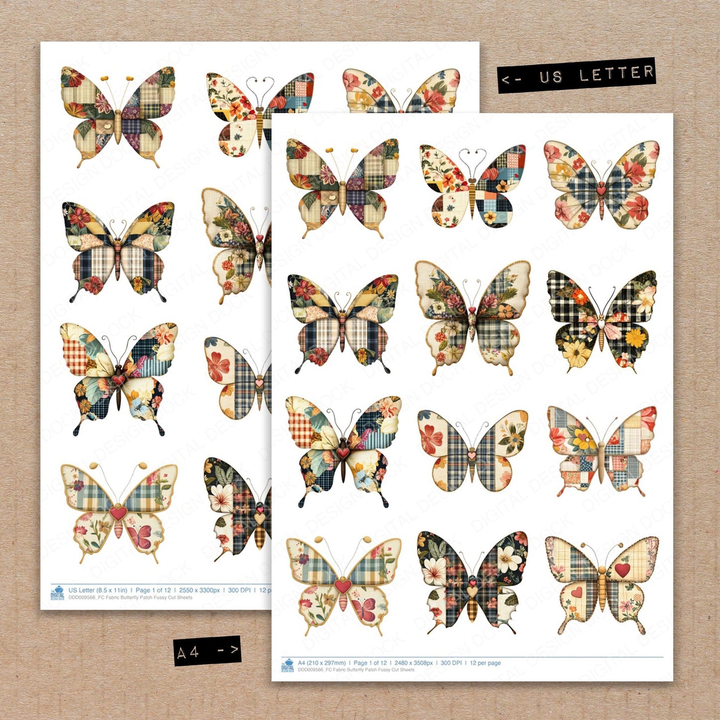 A4 and US Letter format comparison showing Fabric Butterfly Patch fussy cut pages for print and cut crafting