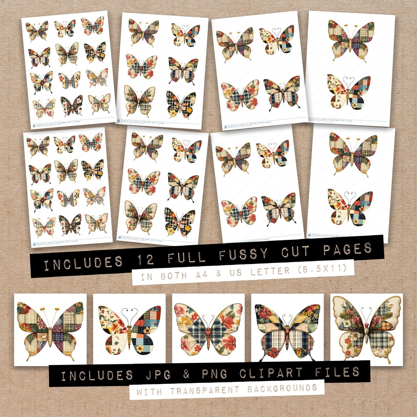 Full collection view of Fabric Butterfly Patch fussy cut sheets with bonus clipart JPG and PNG files