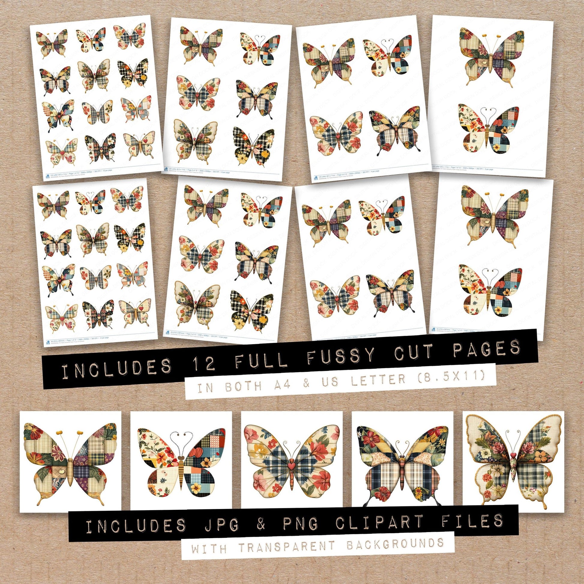 Full collection view of Fabric Butterfly Patch fussy cut sheets with bonus clipart JPG and PNG files