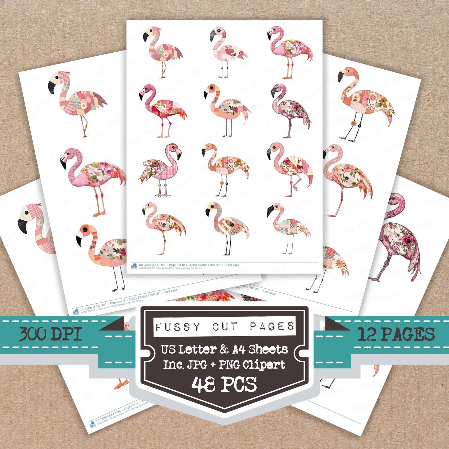 Fabric Button Wing Flamingo fussy cut printable sheets for junk journaling, scrapbooking, and paper craft projects
