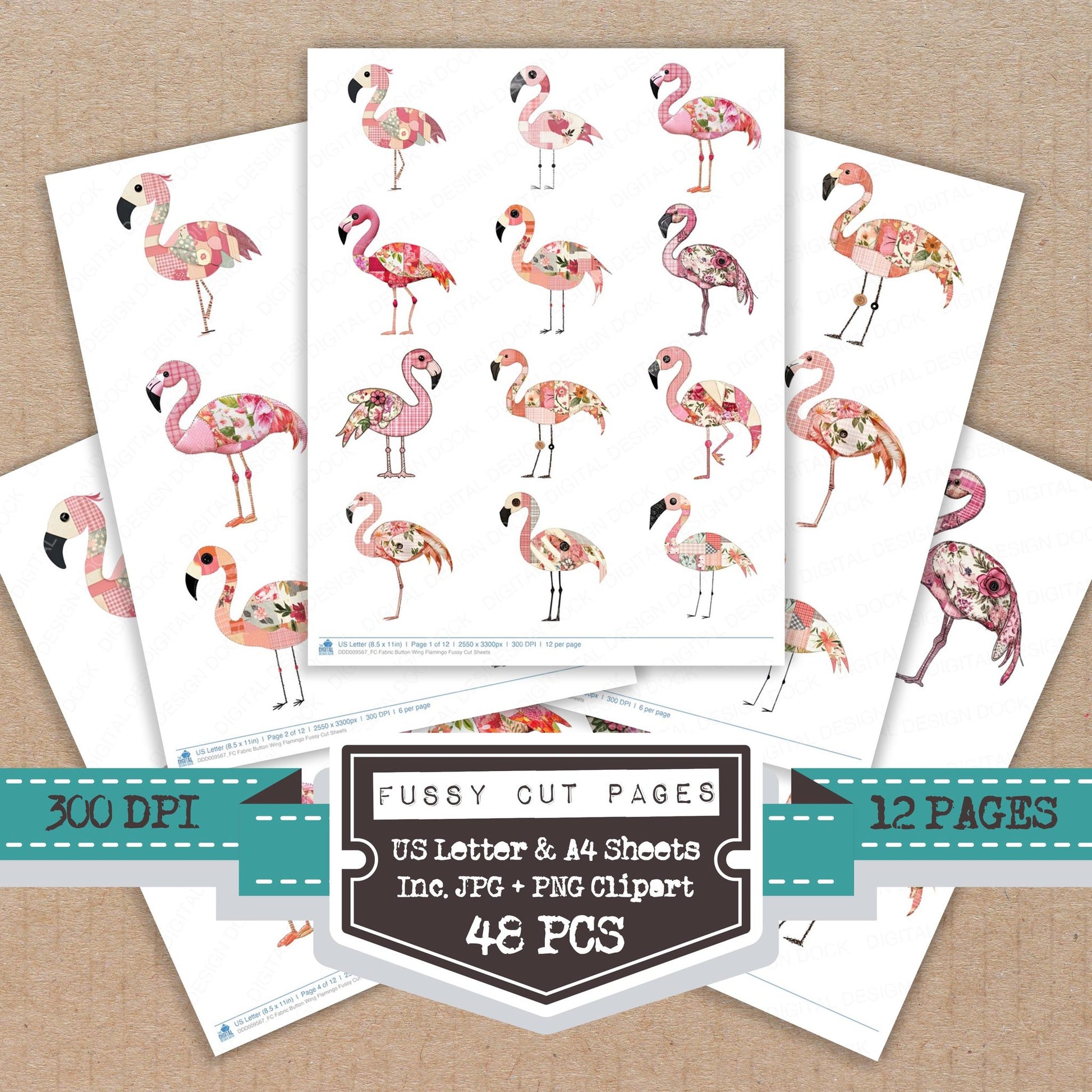 Fabric Button Wing Flamingo fussy cut printable sheets for junk journaling, scrapbooking, and paper craft projects