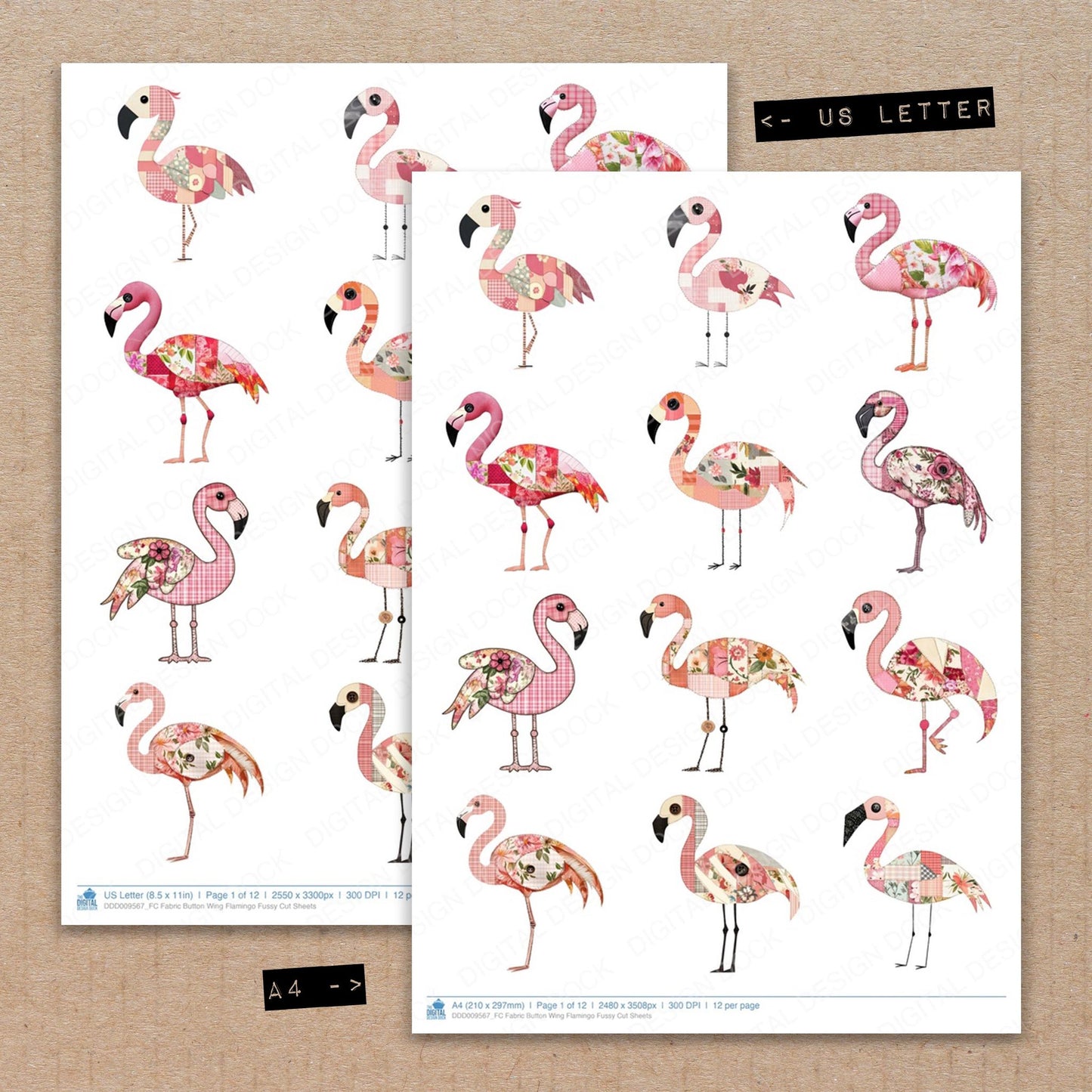 A4 and US Letter format comparison showing Fabric Button Wing Flamingo fussy cut pages for print and cut crafting