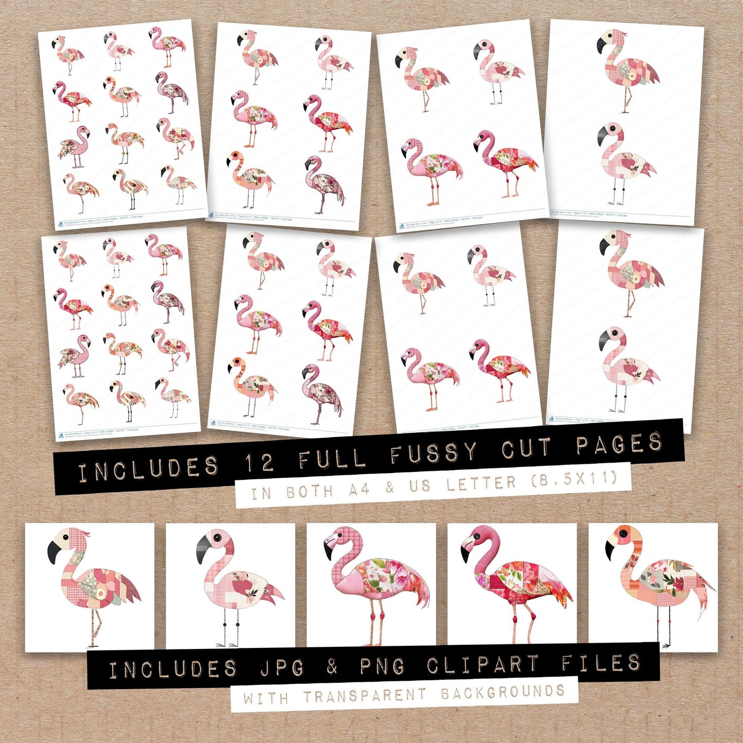 Full collection view of Fabric Button Wing Flamingo fussy cut sheets with bonus clipart JPG and PNG files