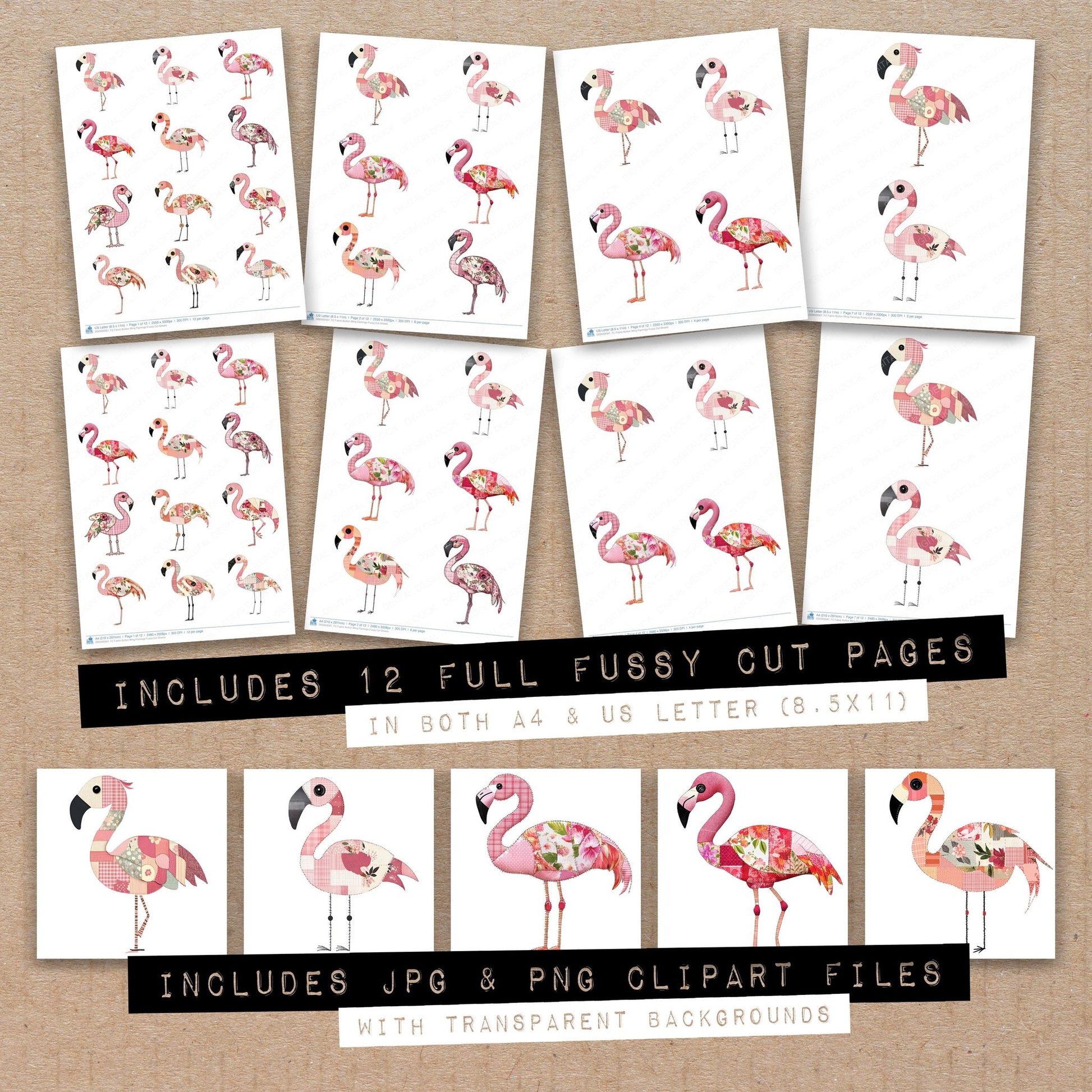 Full collection view of Fabric Button Wing Flamingo fussy cut sheets with bonus clipart JPG and PNG files