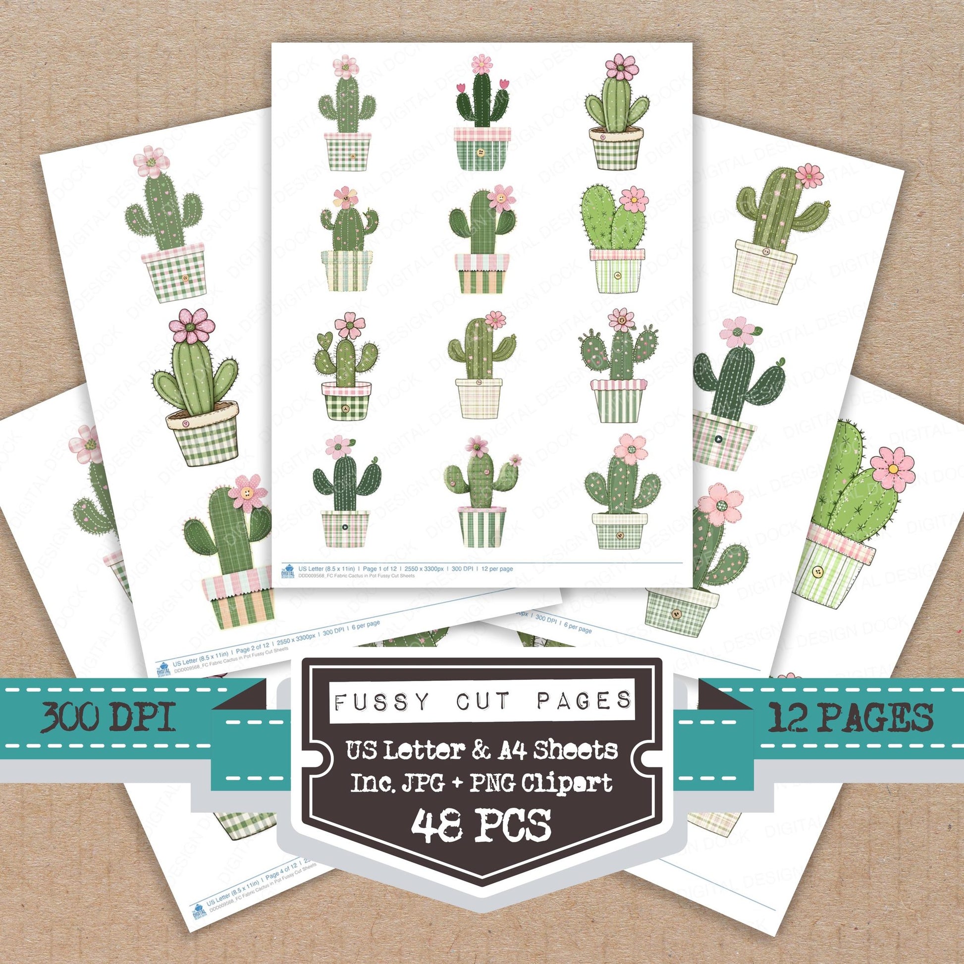Fabric Cactus in Pot fussy cut printable sheets for junk journaling, scrapbooking, and paper craft projects