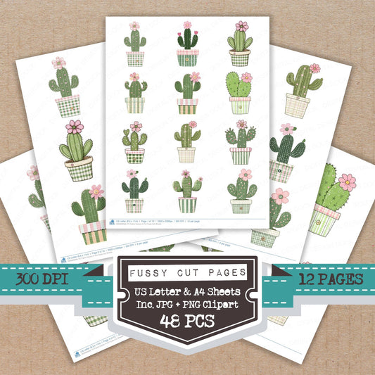 Fabric Cactus in Pot fussy cut printable sheets for junk journaling, scrapbooking, and paper craft projects