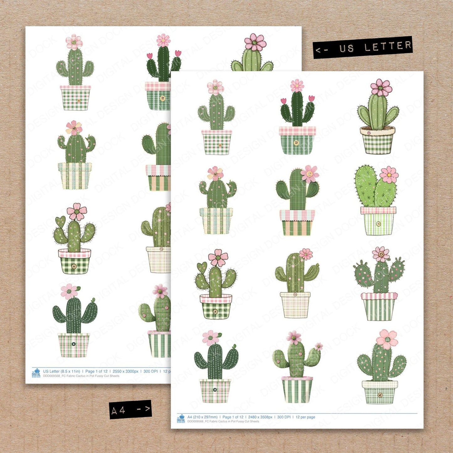 A4 and US Letter format comparison showing Fabric Cactus in Pot fussy cut pages for print and cut crafting