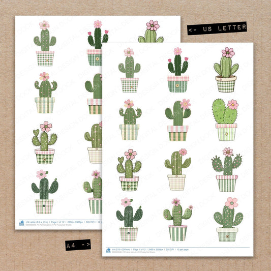 A4 and US Letter format comparison showing Fabric Cactus in Pot fussy cut pages for print and cut crafting