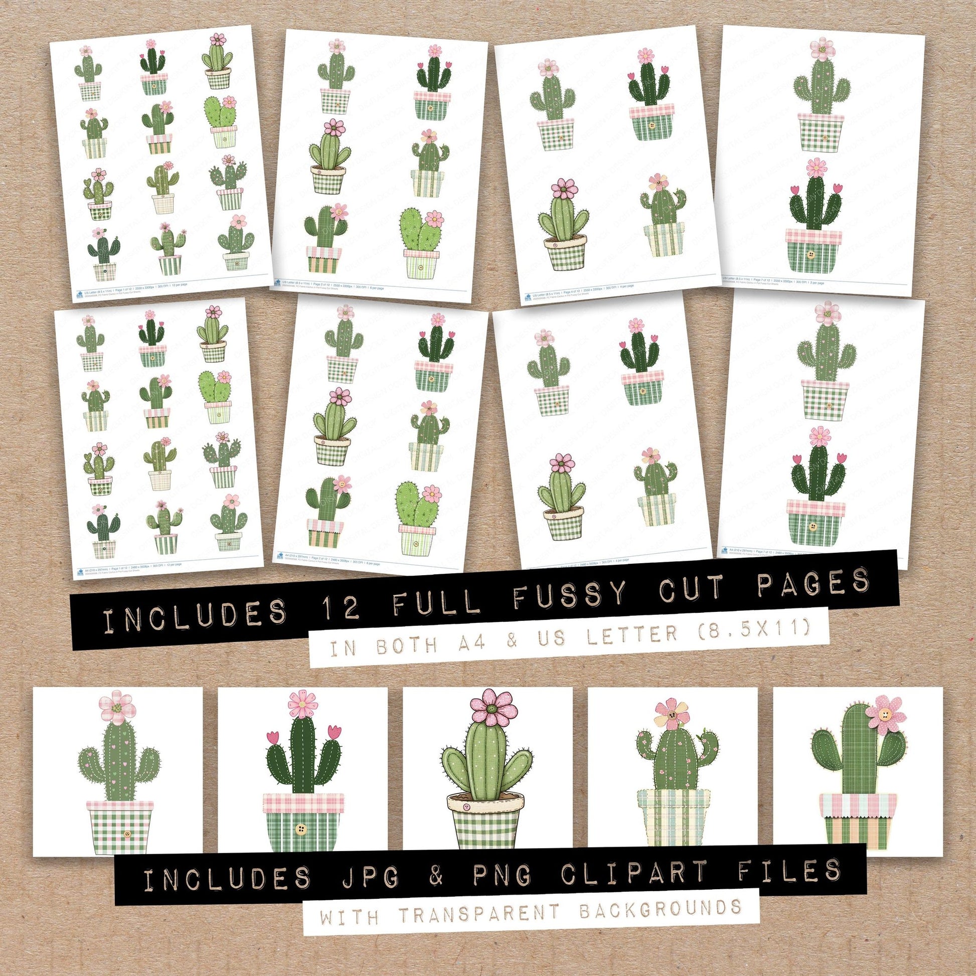 Full collection view of Fabric Cactus in Pot fussy cut sheets with bonus clipart JPG and PNG files