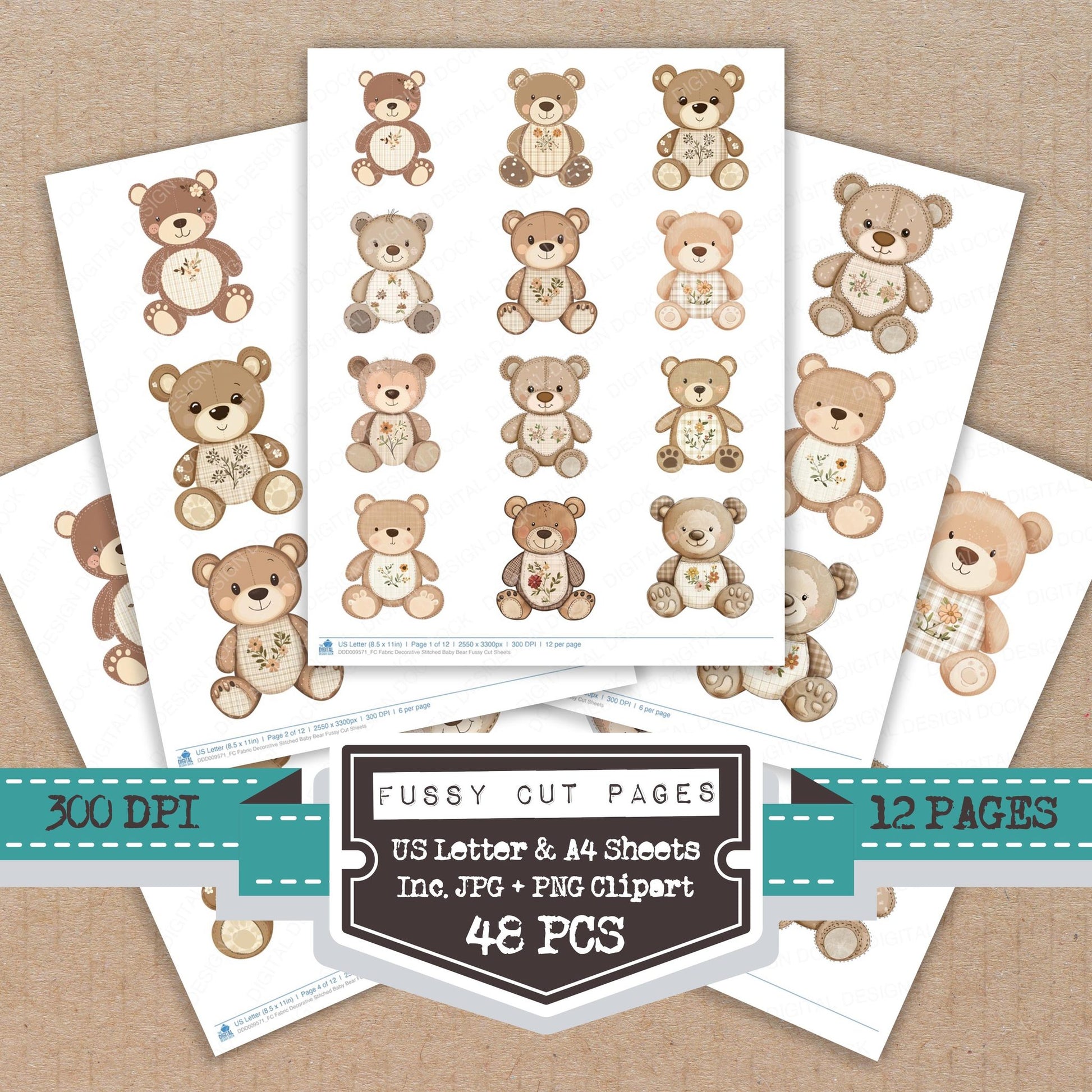 Fabric Decorative Stitched Baby Bear fussy cut printable sheets for junk journaling, scrapbooking, and paper craft projects