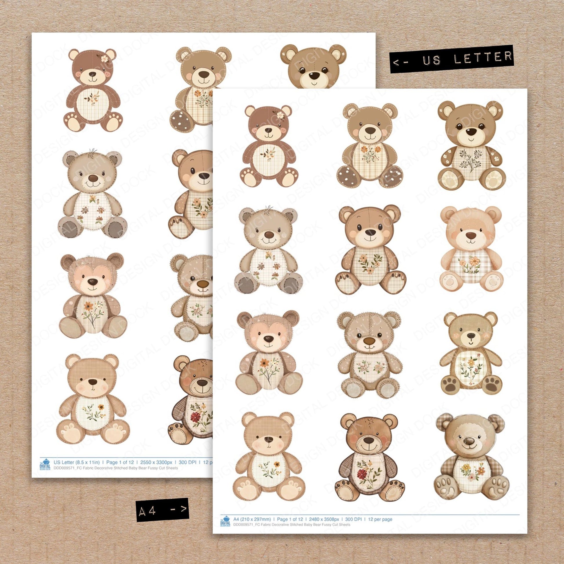 A4 and US Letter format comparison showing Fabric Decorative Stitched Baby Bear fussy cut pages for print and cut crafting