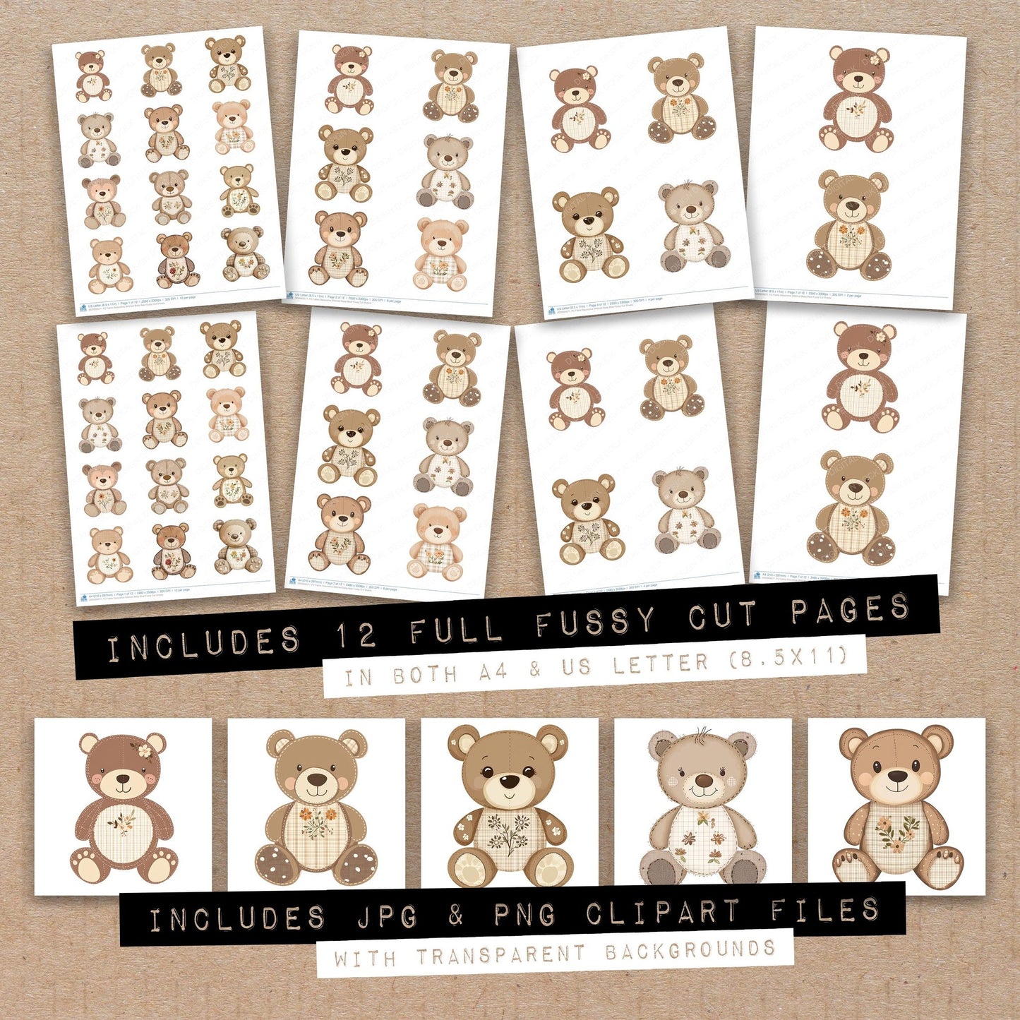 Full collection view of Fabric Decorative Stitched Baby Bear fussy cut sheets with bonus clipart JPG and PNG files