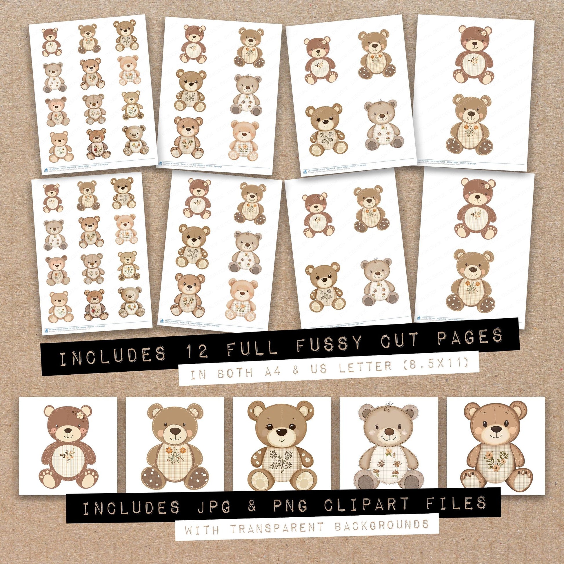 Full collection view of Fabric Decorative Stitched Baby Bear fussy cut sheets with bonus clipart JPG and PNG files