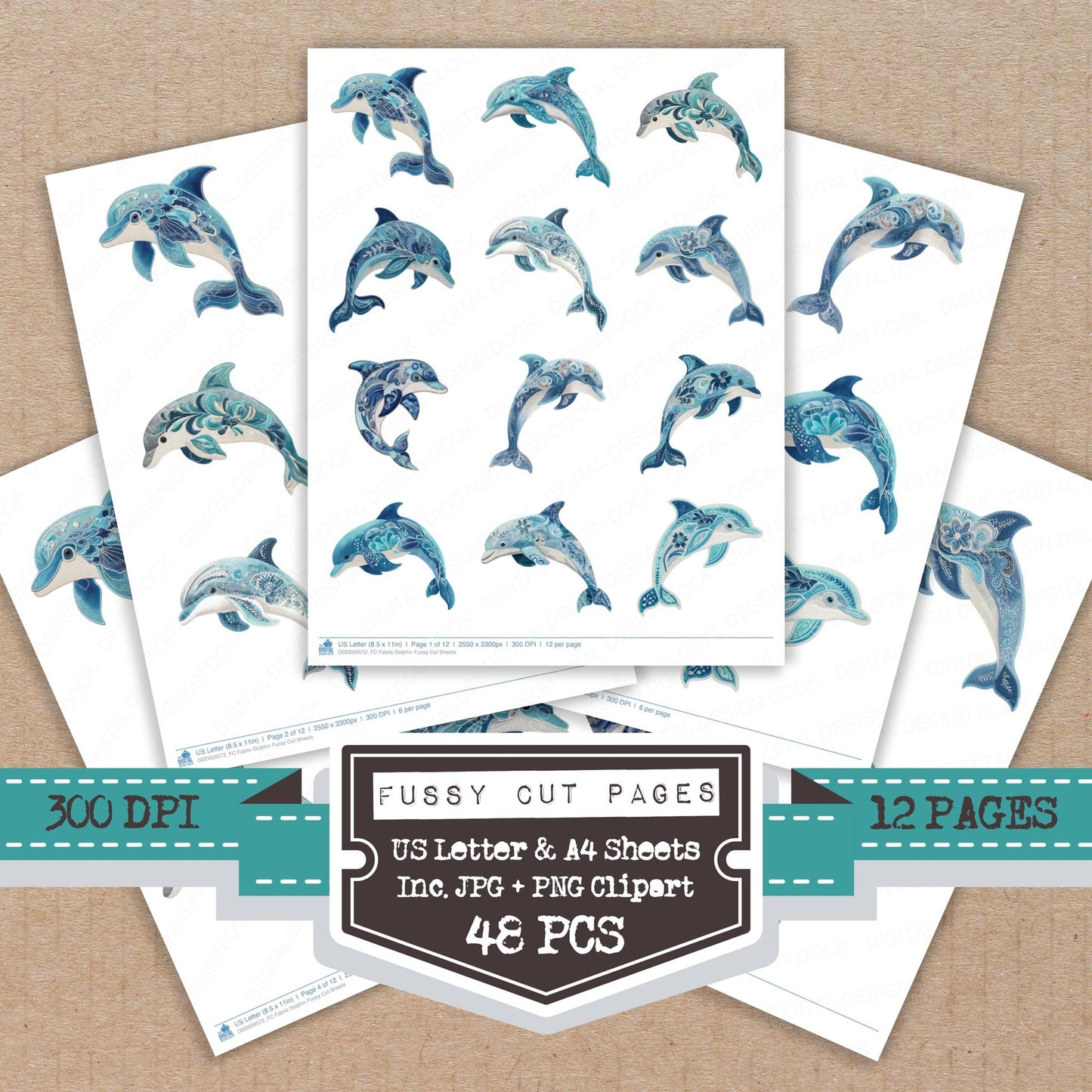Fabric Dolphin fussy cut printable sheets for junk journaling, scrapbooking, and paper craft projects