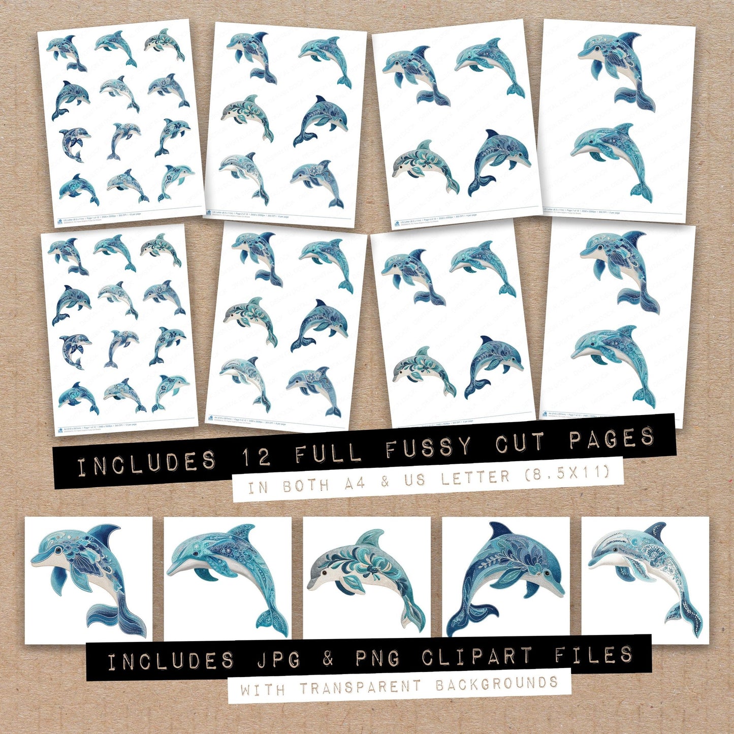 Full collection view of Fabric Dolphin fussy cut sheets with bonus clipart JPG and PNG files