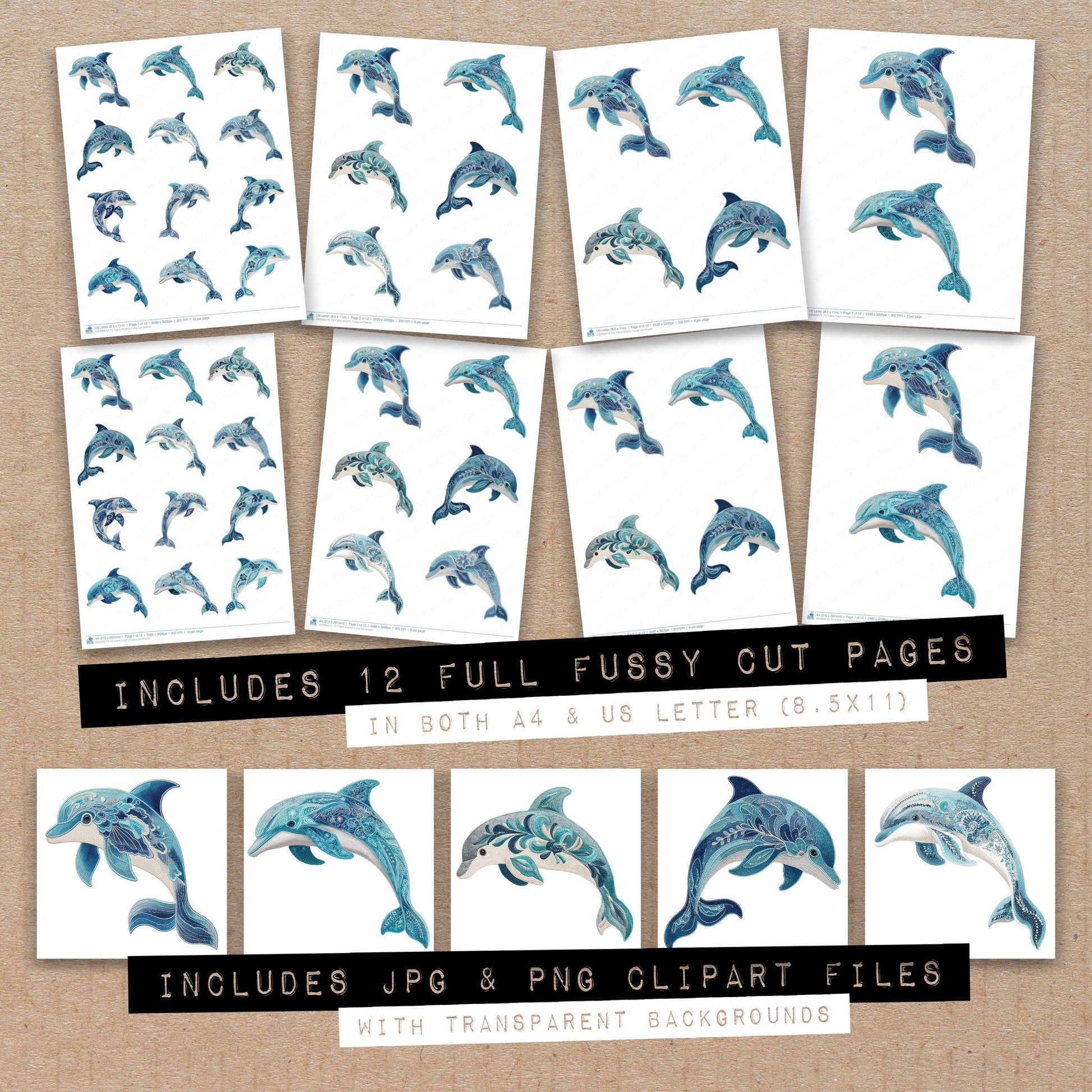 Full collection view of Fabric Dolphin fussy cut sheets with bonus clipart JPG and PNG files