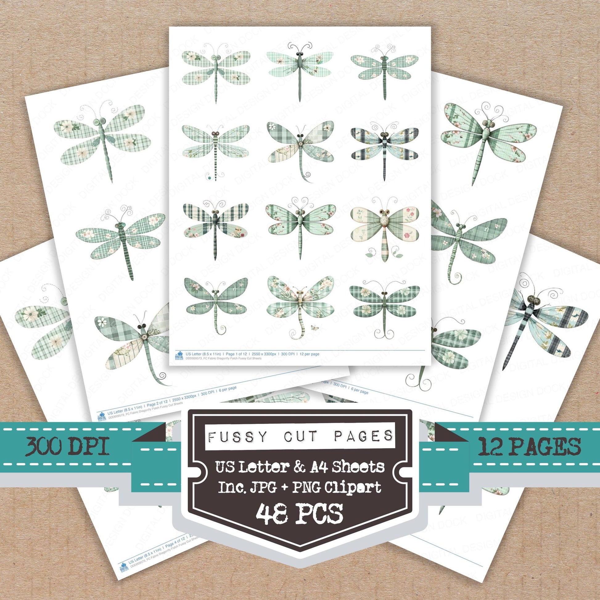Fabric Dragonfly Patch fussy cut printable sheets for junk journaling, scrapbooking, and paper craft projects