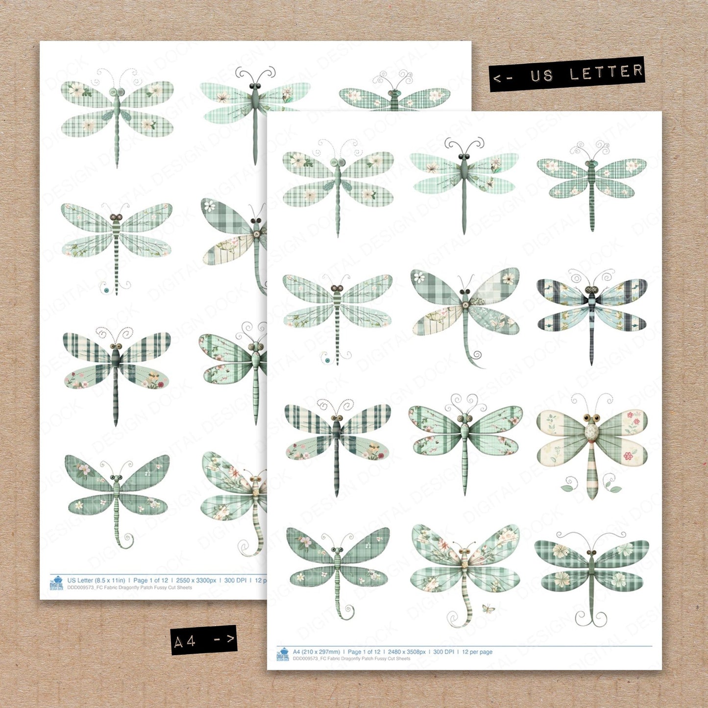 A4 and US Letter format comparison showing Fabric Dragonfly Patch fussy cut pages for print and cut crafting