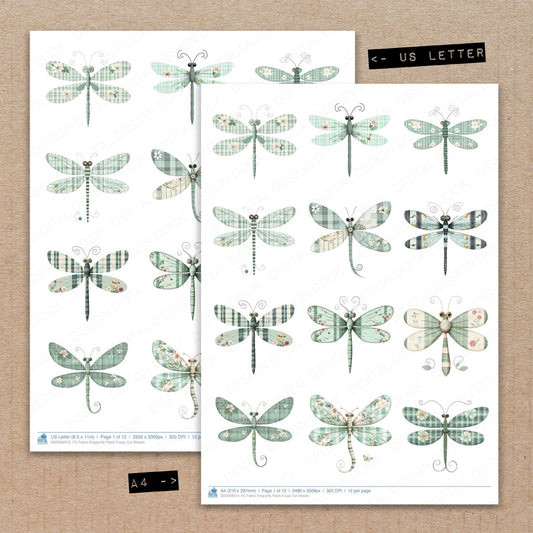 A4 and US Letter format comparison showing Fabric Dragonfly Patch fussy cut pages for print and cut crafting