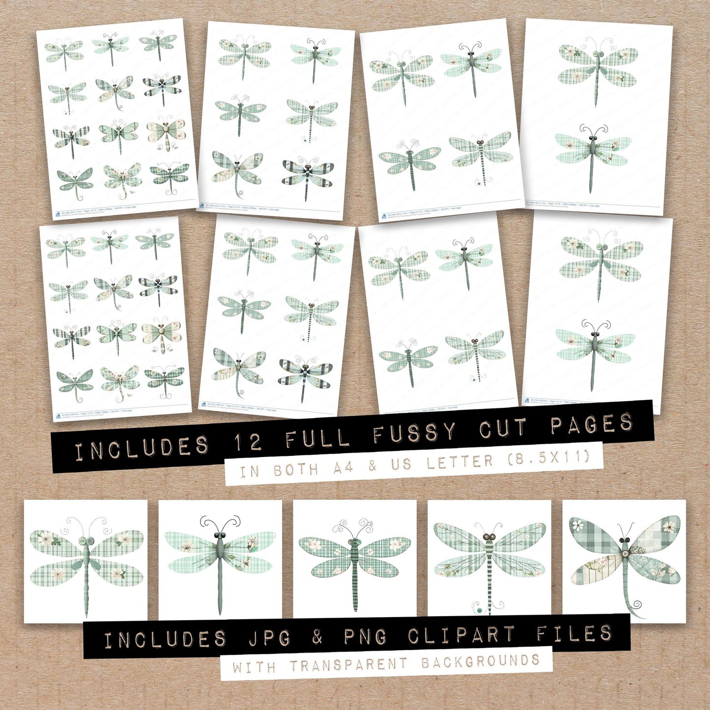 Full collection view of Fabric Dragonfly Patch fussy cut sheets with bonus clipart JPG and PNG files
