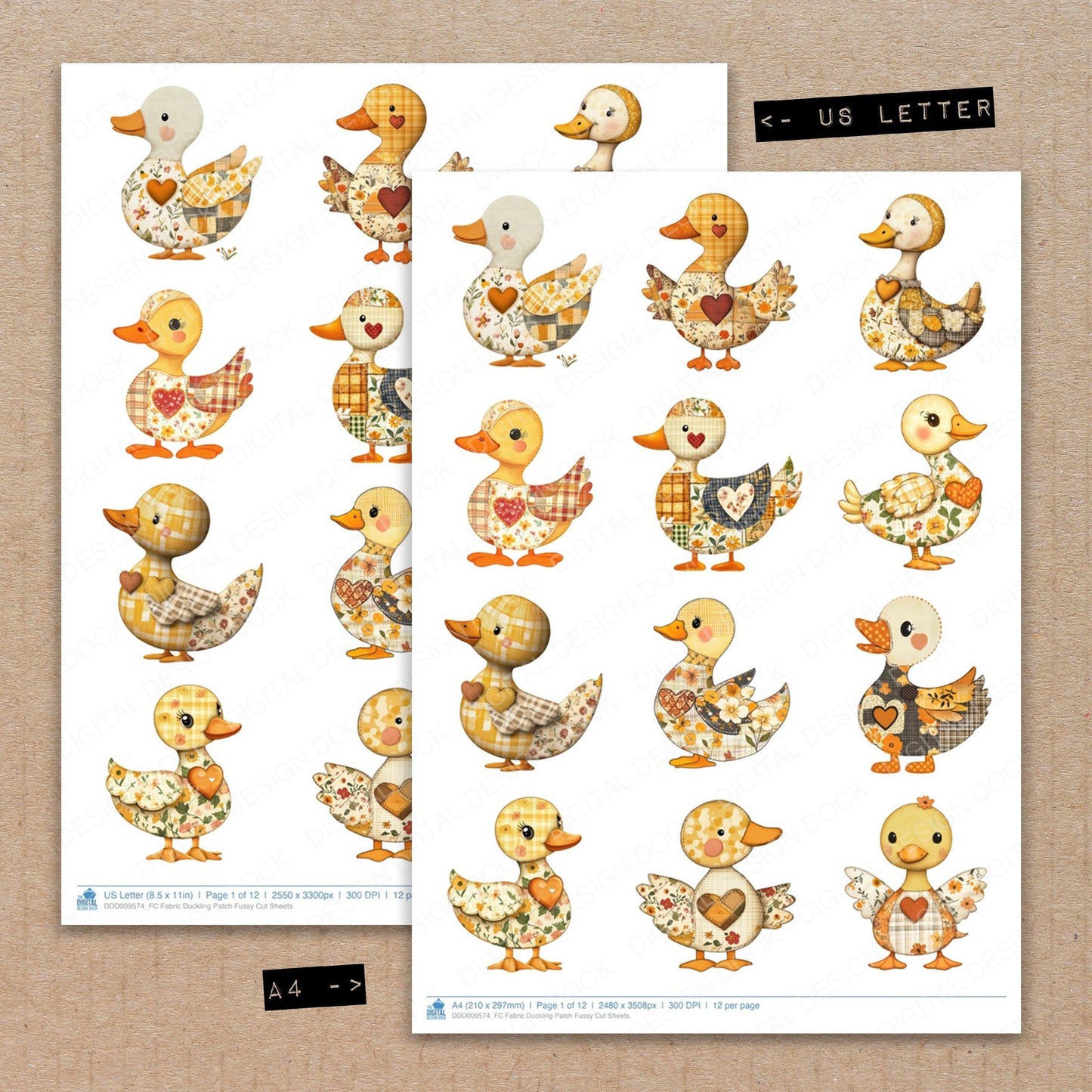 A4 and US Letter format comparison showing Fabric Duckling Patch fussy cut pages for print and cut crafting