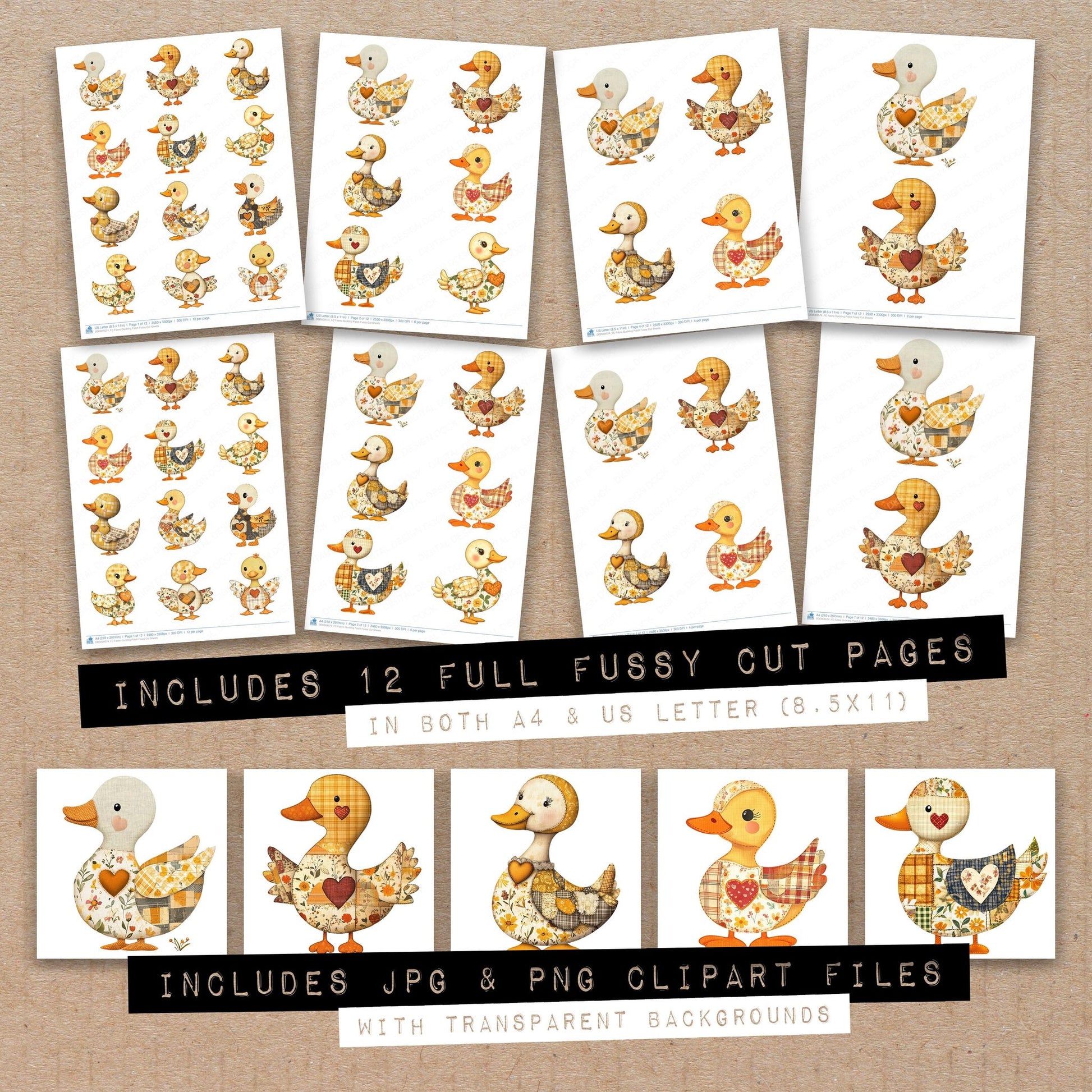 Full collection view of Fabric Duckling Patch fussy cut sheets with bonus clipart JPG and PNG files