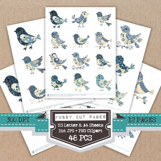 Fabric Dusty Blue Patch Bird fussy cut printable sheets for junk journaling, scrapbooking, and paper craft projects