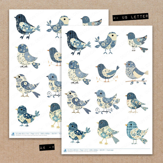 A4 and US Letter format comparison showing Fabric Dusty Blue Patch Bird fussy cut pages for print and cut crafting