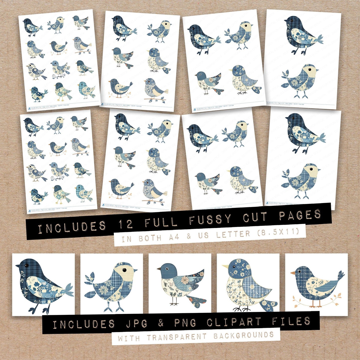 Full collection view of Fabric Dusty Blue Patch Bird fussy cut sheets with bonus clipart JPG and PNG files