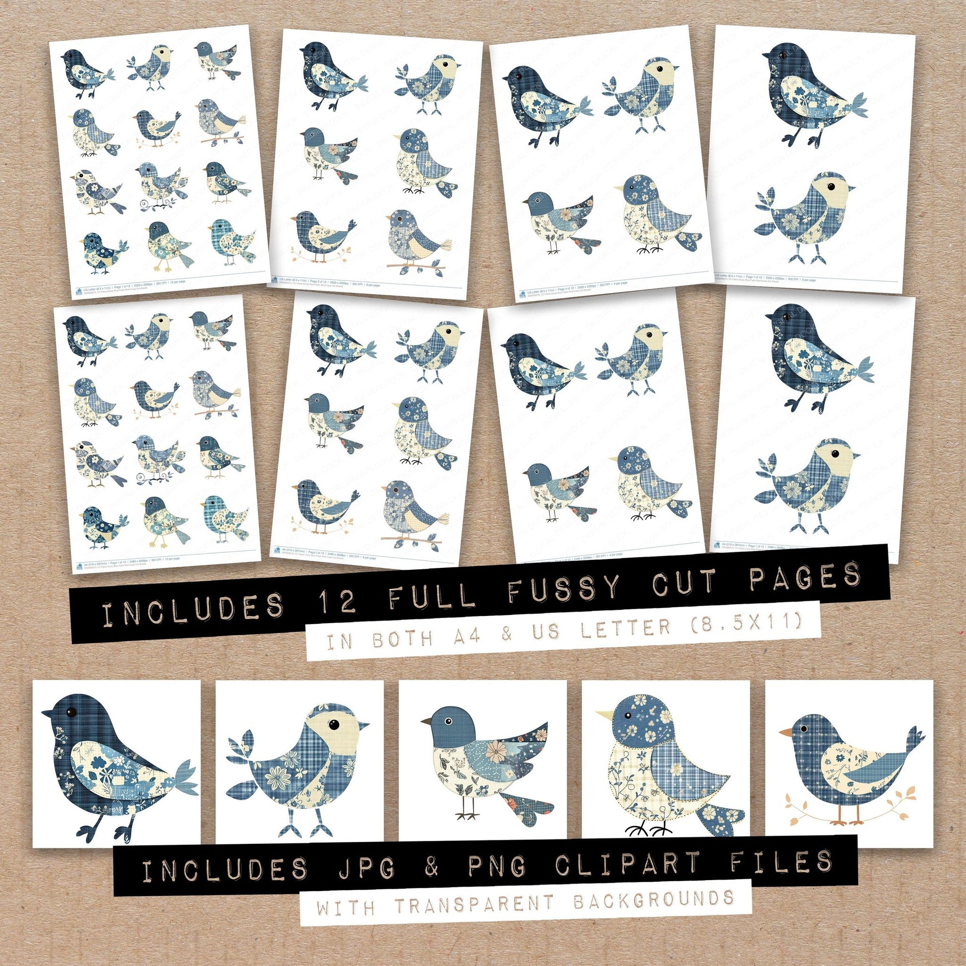 Full collection view of Fabric Dusty Blue Patch Bird fussy cut sheets with bonus clipart JPG and PNG files