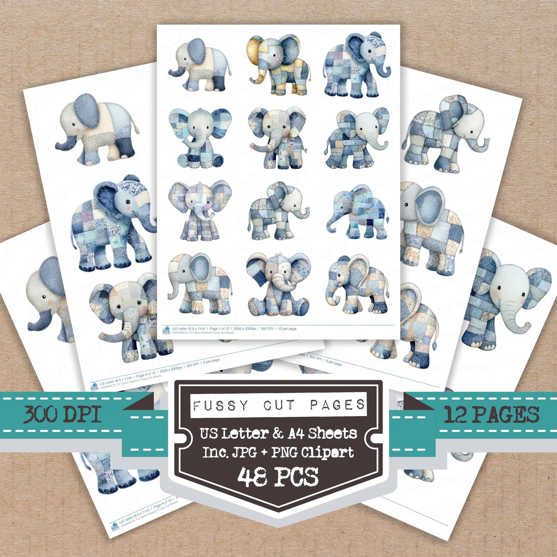 Fabric Elephant fussy cut printable sheets for junk journaling, scrapbooking, and paper craft projects
