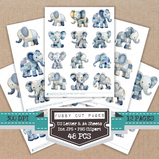 Fabric Elephant fussy cut printable sheets for junk journaling, scrapbooking, and paper craft projects
