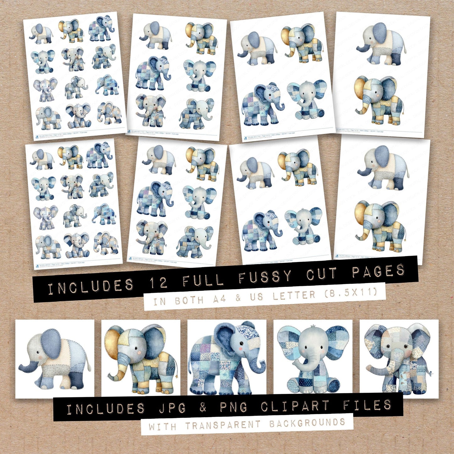 Full collection view of Fabric Elephant fussy cut sheets with bonus clipart JPG and PNG files