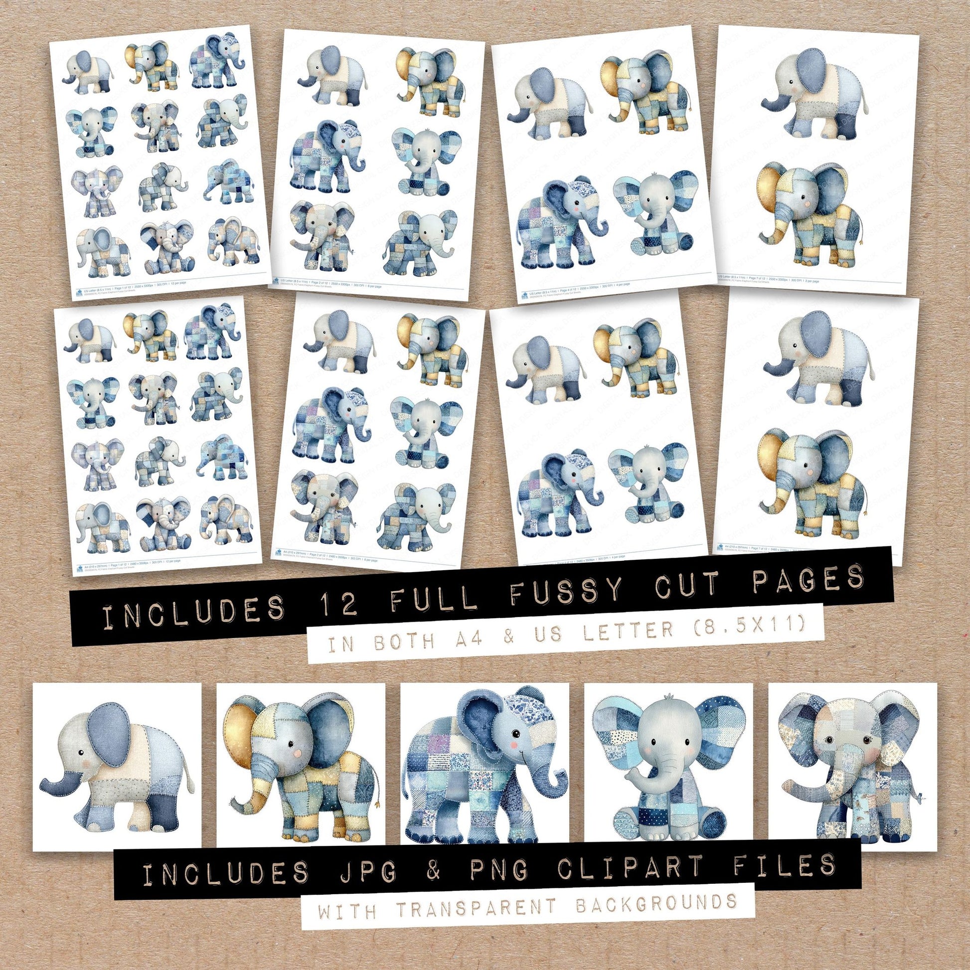 Full collection view of Fabric Elephant fussy cut sheets with bonus clipart JPG and PNG files