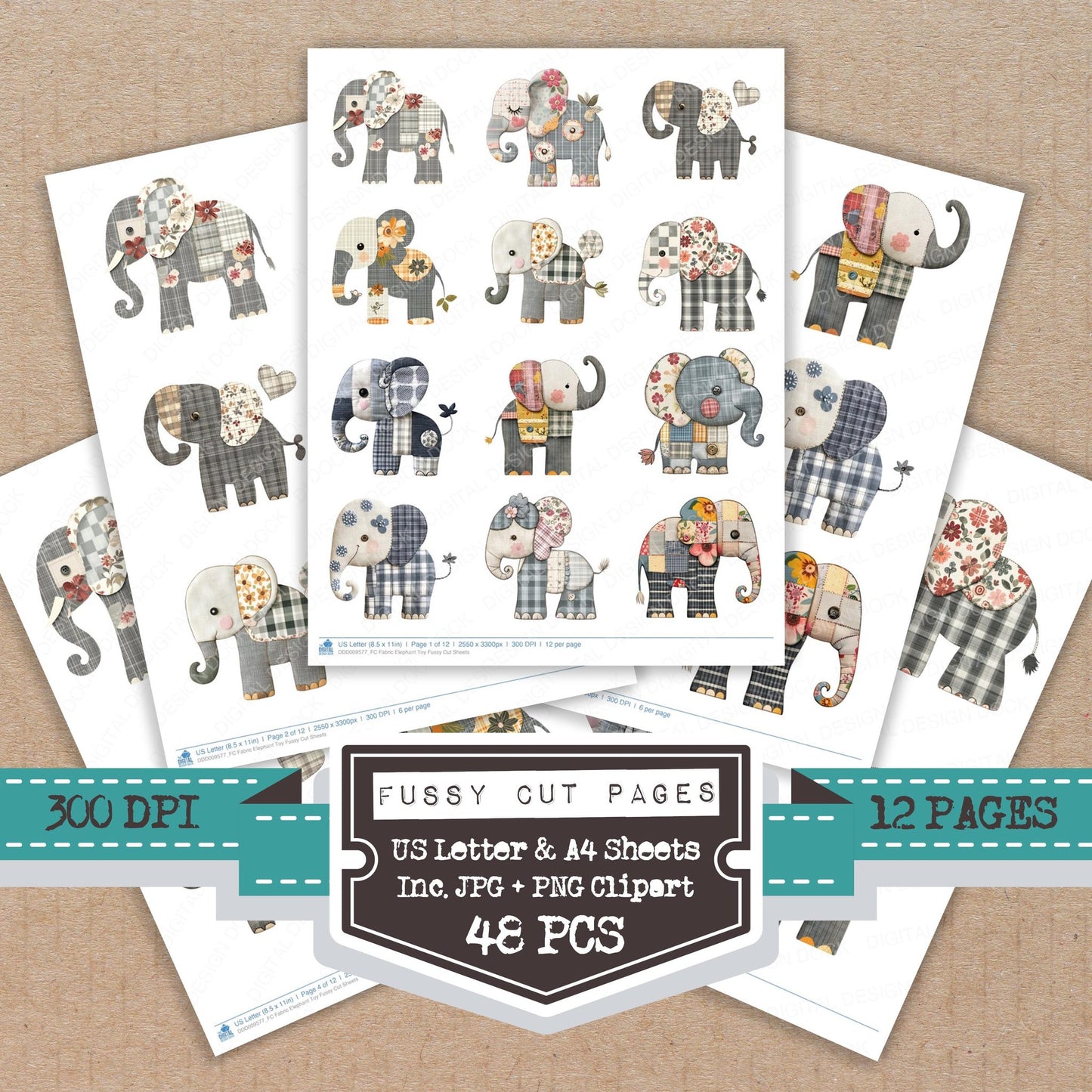 Fabric Elephant Toy fussy cut printable sheets for junk journaling, scrapbooking, and paper craft projects