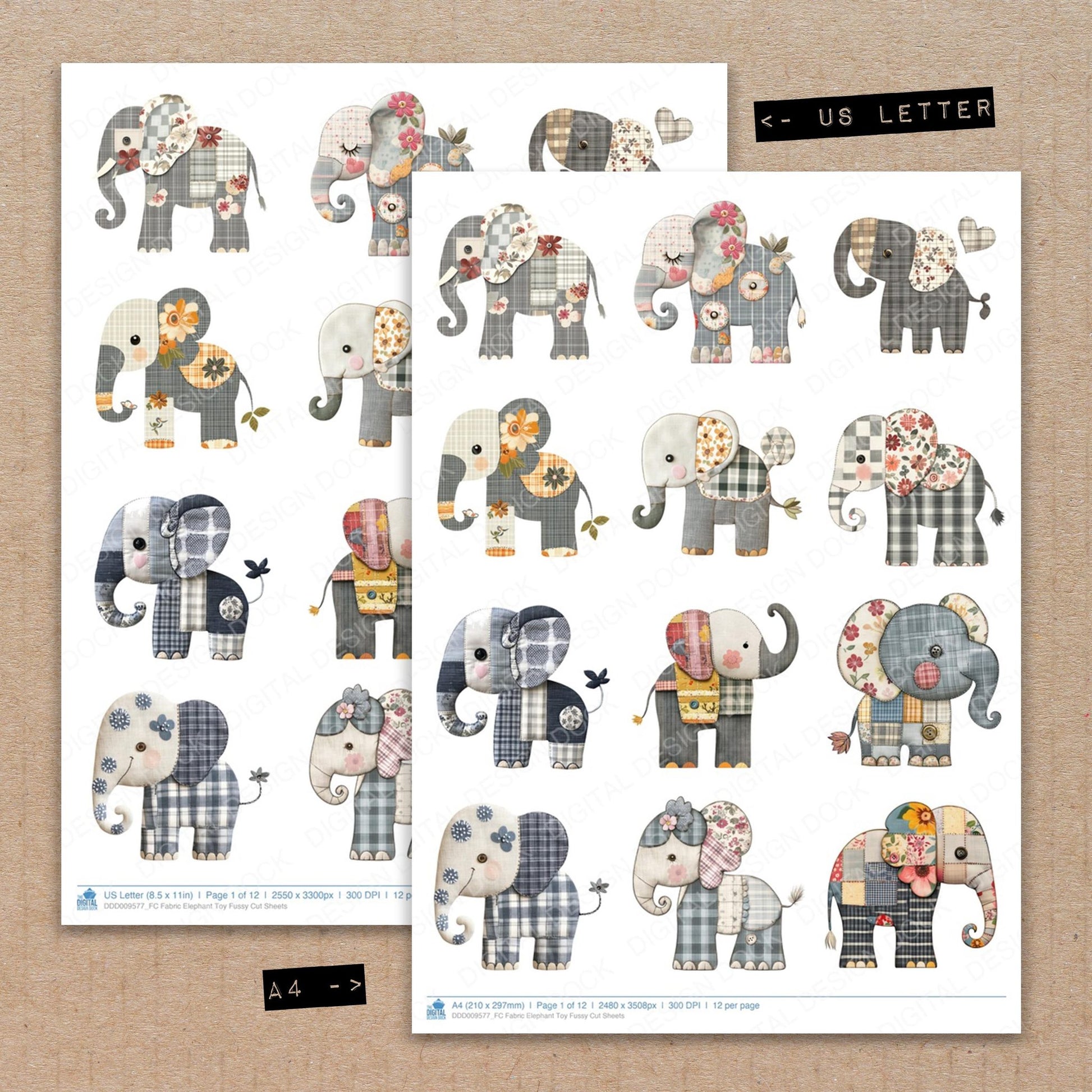 A4 and US Letter format comparison showing Fabric Elephant Toy fussy cut pages for print and cut crafting