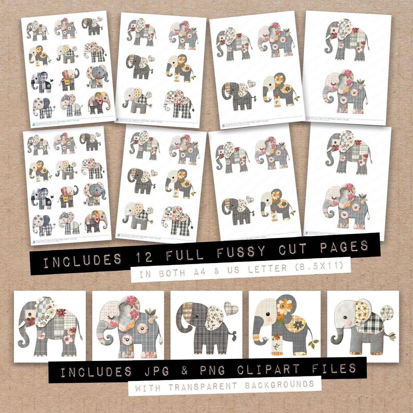 Full collection view of Fabric Elephant Toy fussy cut sheets with bonus clipart JPG and PNG files