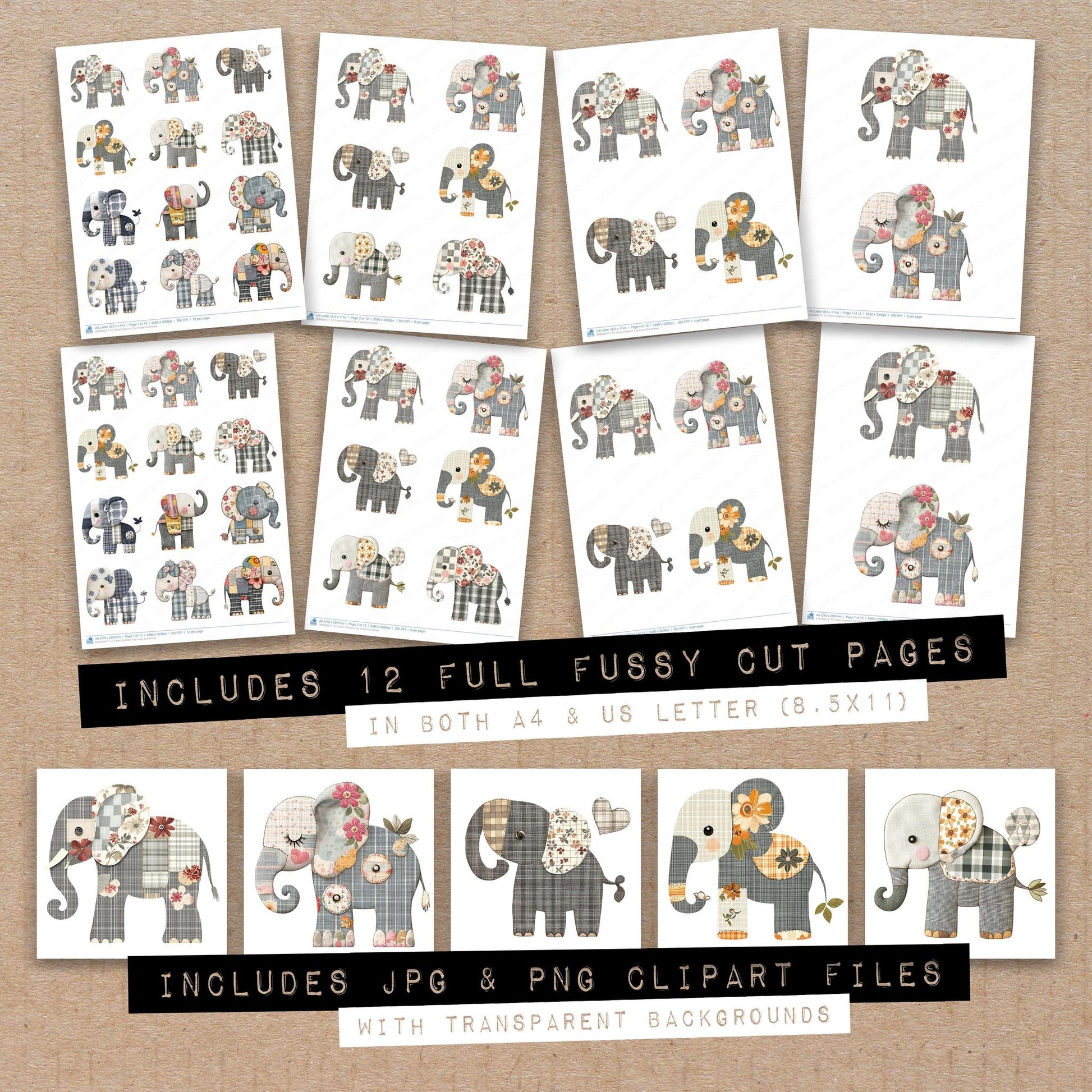 Full collection view of Fabric Elephant Toy fussy cut sheets with bonus clipart JPG and PNG files