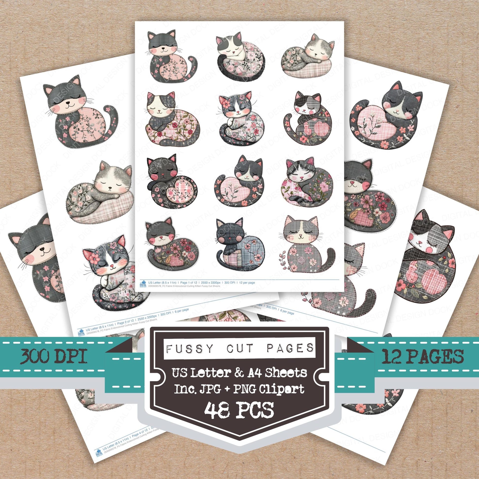 Fabric Embroidered Curling Kitten fussy cut printable sheets for junk journaling, scrapbooking, and paper craft projects