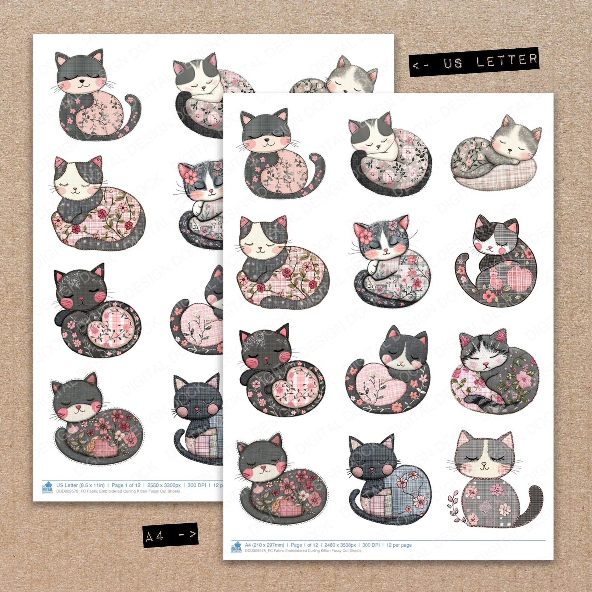 A4 and US Letter format comparison showing Fabric Embroidered Curling Kitten fussy cut pages for print and cut crafting