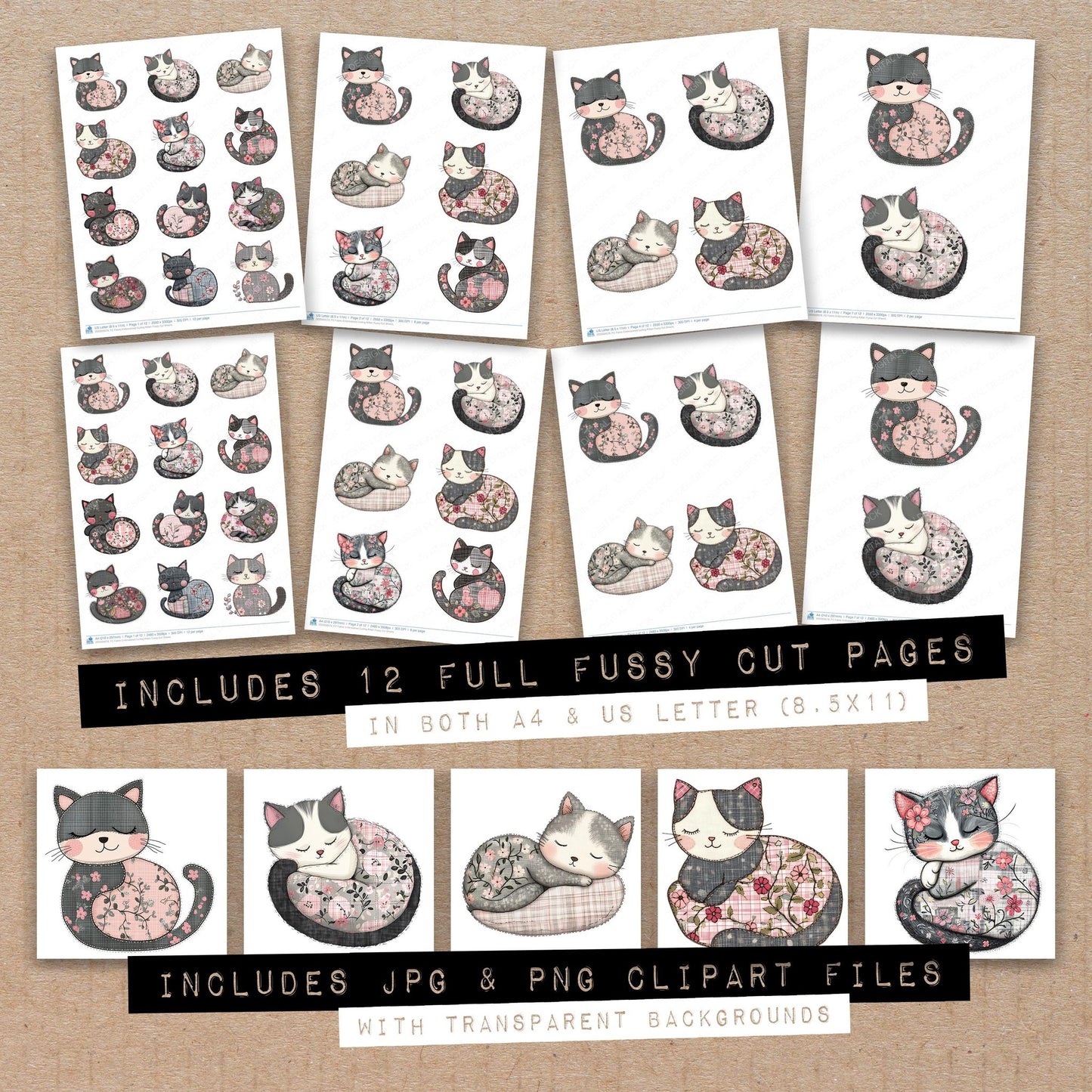 Full collection view of Fabric Embroidered Curling Kitten fussy cut sheets with bonus clipart JPG and PNG files