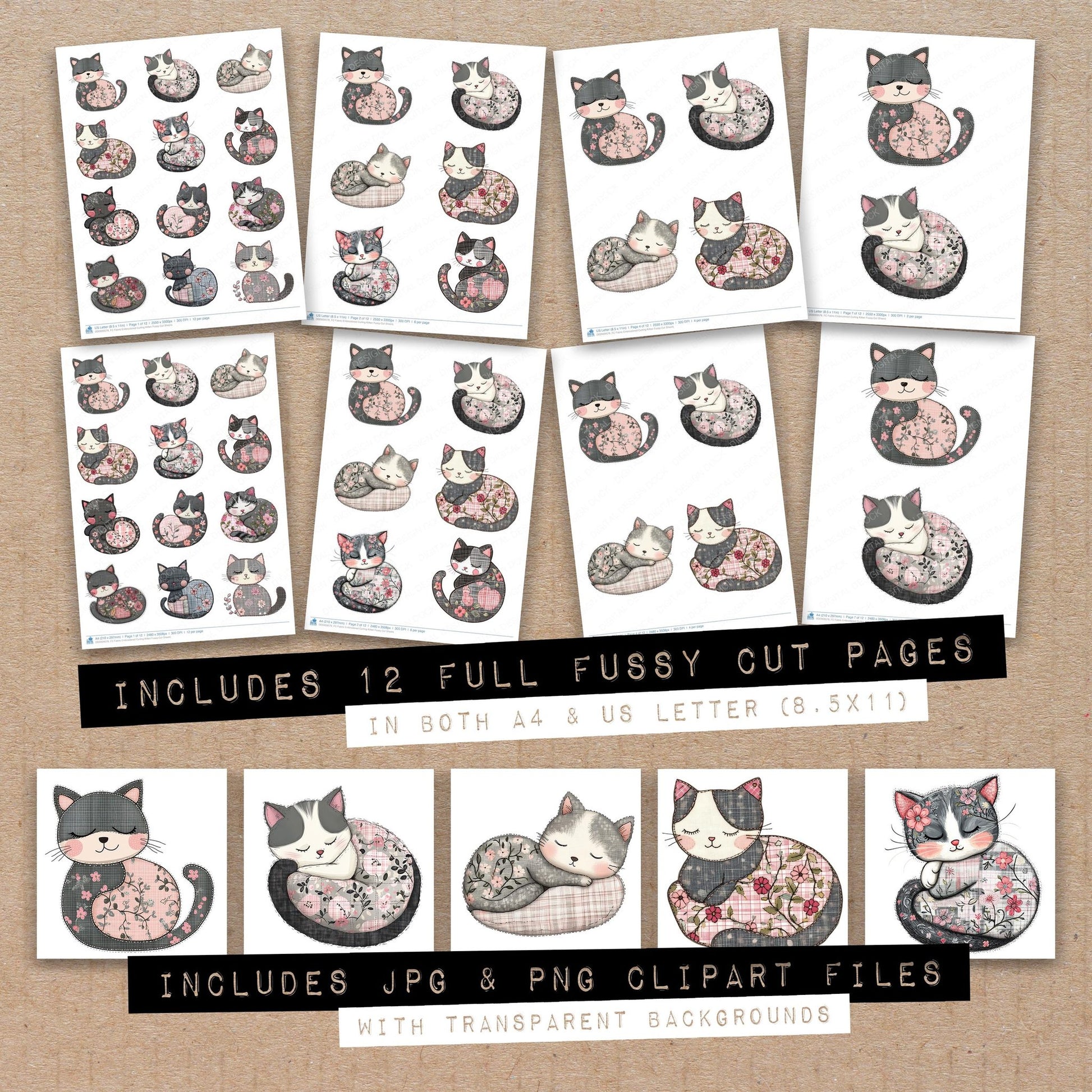 Full collection view of Fabric Embroidered Curling Kitten fussy cut sheets with bonus clipart JPG and PNG files