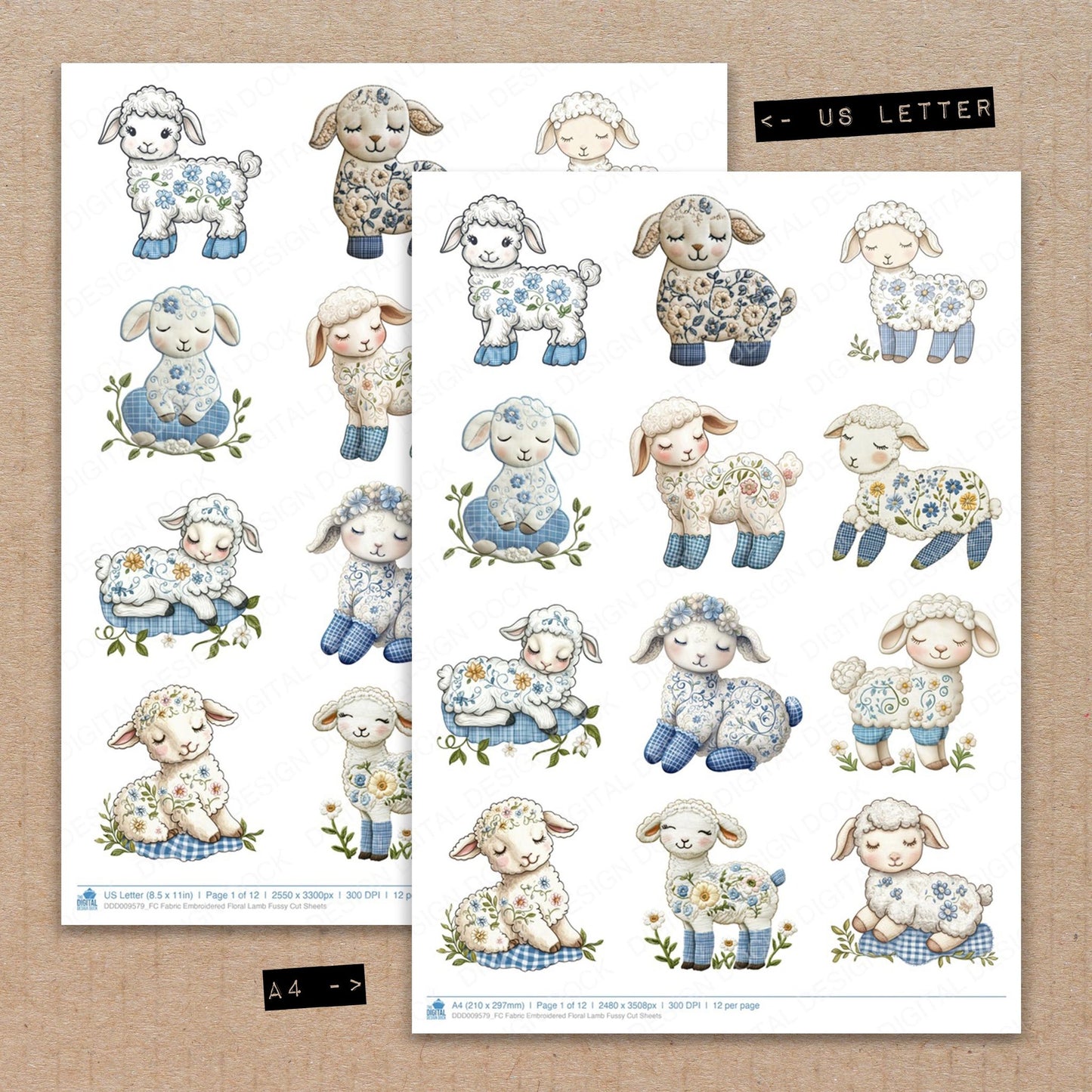 A4 and US Letter format comparison showing Fabric Embroidered Floral Lamb fussy cut pages for print and cut crafting